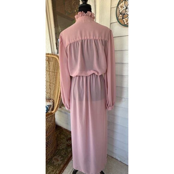 Vintage 70's Mauve Rose Maxi Dress Pleated Front Sheer Poly Chiffon Style Sz XL - Picture 12 of 16
